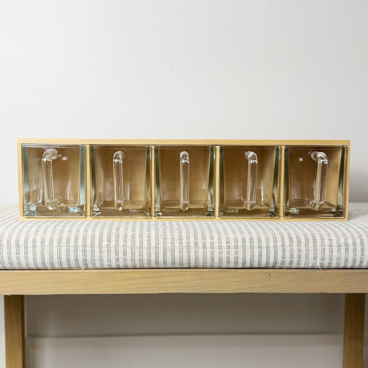 Vintage IKEA FORHOJA Wood Shelf Cabinet 5 Glass Handled Scoops