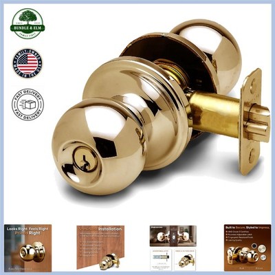 Keyed Entry Door Knob in Polished Brass with Lock and Key for Easy Installation
