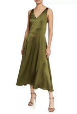 Elie Tahari Green Satin Slip Dress Sleeveless V-Neck Midi Zip Closure Size 2