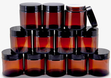 , 12, Amber, 4 Oz, round Glass Jars, with Inner Liners and Black Lids