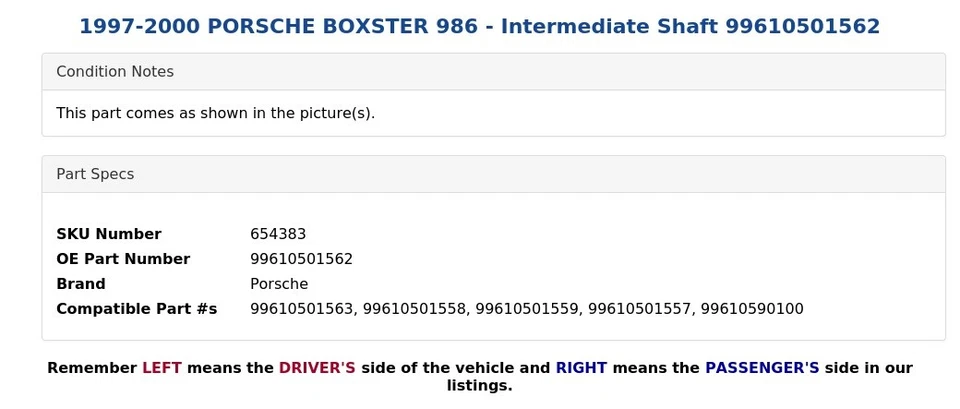 Porsche Boxster 986 1997-2000 - eje intermedio 99610501562 Foto 3 de 4
