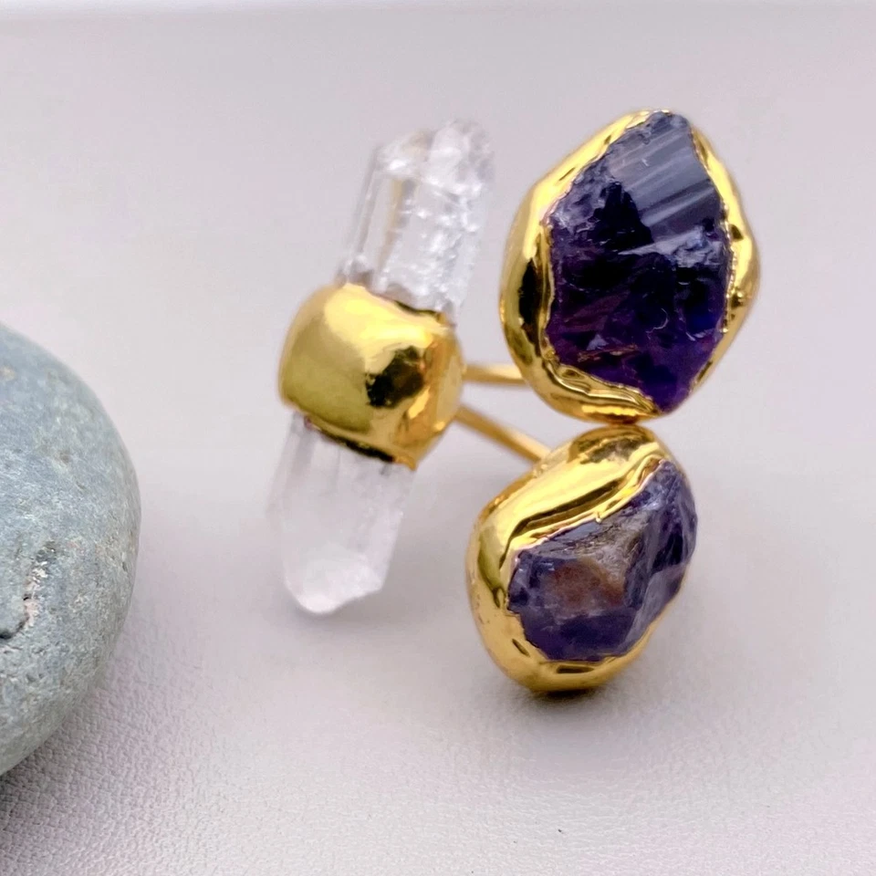 Anillos de dedo de piedra natural de cuarzo amathsyt ajustable anillo de cóctel de diseñador Foto 2 de 4