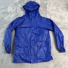 Columbia Youth XL Hooded Rain Jacket Blue Waterproof PVC Snap Zip Front Coat EUC