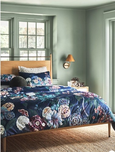 Anthropologie Odette Printed Velvet Quilted Euro Shams Set Of 2 Floral Blue NEW - Picture 2 of 8