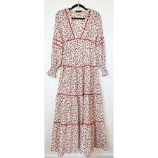 Nasty Gal Cottage Prairie Floral Deep V Tiered Maxi Dress Cream Orange Womens 6