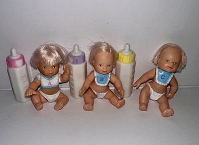 Vintage 1990s Tara Toys = ABC Triplet Baby Complete Set Blonde with Bottles