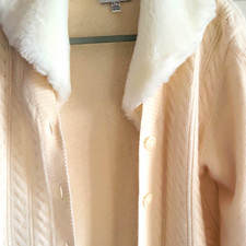 David Brooks Women's Cream Cable-Knit Cardigan Sweater Faux Fur Collar XL