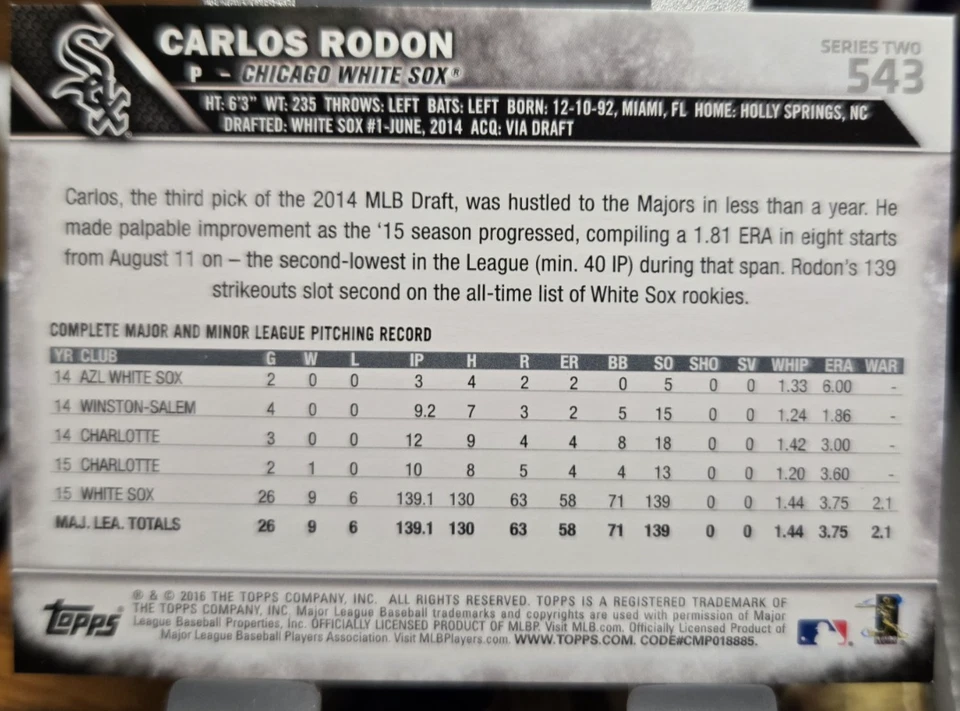 2016 Topps Rookie Cup Mini Baseball Carlos Rodon #543 (W. Sox) (NM) Free Rtns - Image 2 of 2