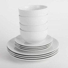 12PC Dinnerware Porcelain White Set: 4 Dinner Plates, 4 Side Plates & 4 Bowls.