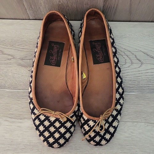 Soles By Paige Womens Flats 8 Vintage Blue White Needlepoint Diamond Casual - Picture 9 of 10