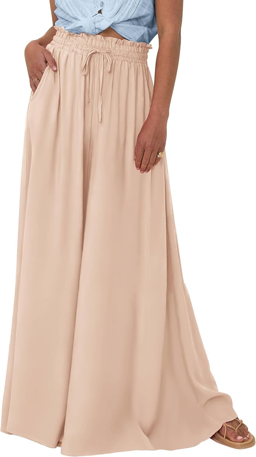 Casual Wide Leg Palazzo Pants Women Dressy Elastic Waist Flowy Pants with Pocket