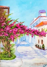 Mediterranean Cityscape Italy Wall Art Bougainvillea Oil Impasto Painting 12x8"