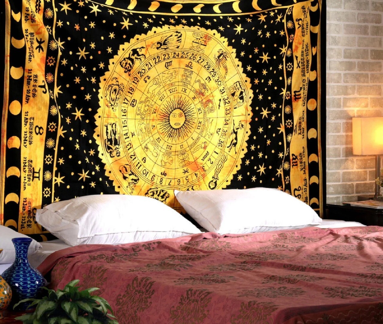 Arazzo indiano da parete giallo nero zodiaco mandala decorazione casa cotone regina