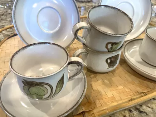 Vintage 70s Denby Langley England TROUBADOUR Coffee Tea Cups & Saucers Set Of 4