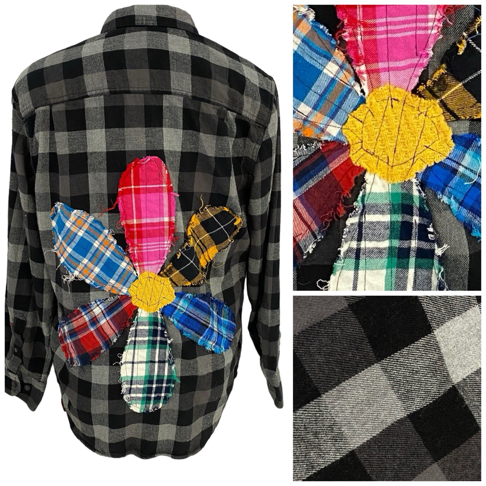 Upcycled Flannel Shirt Womens Large Shacket Grunge Flower Gray Concert Rock-image