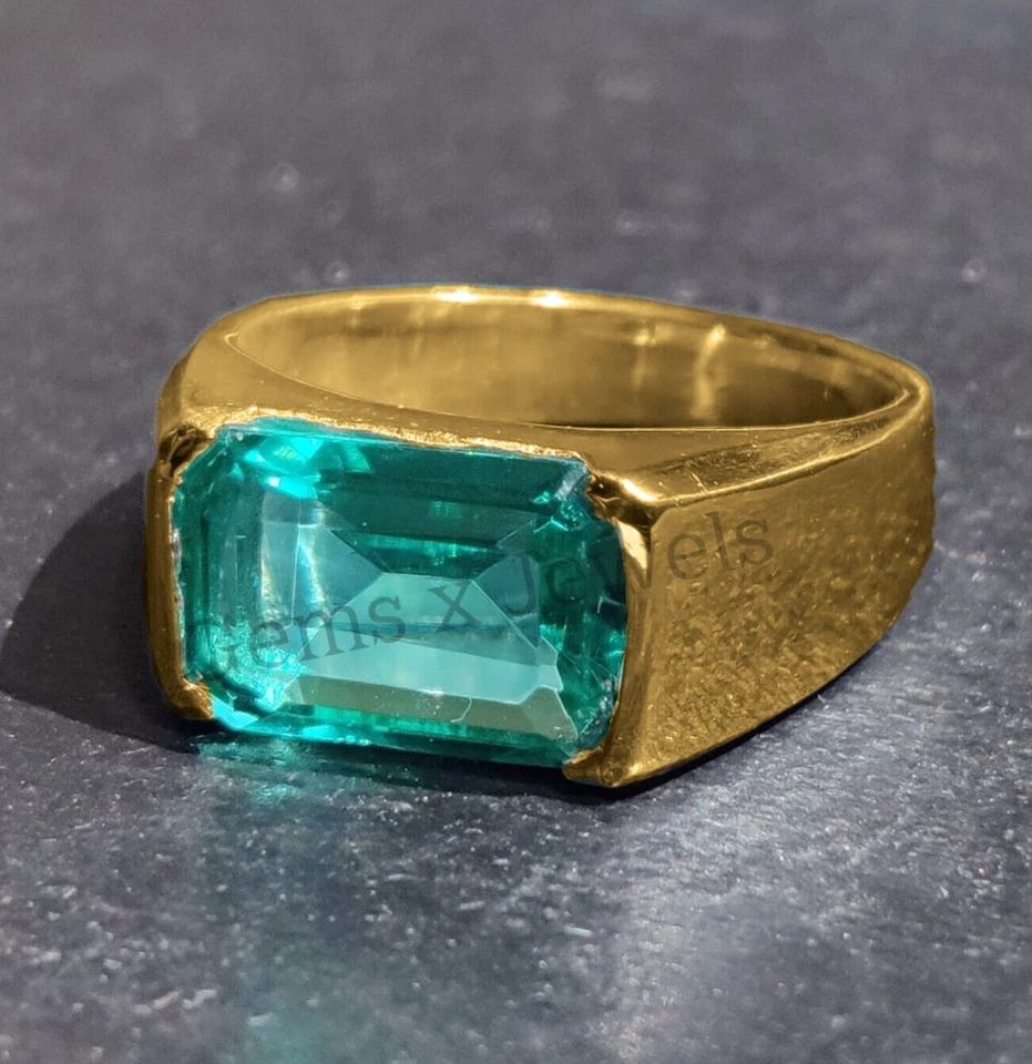 14k Yellow Gold Plated 925 Sterling Silver with Green Emerald Gemstone Mens Ring