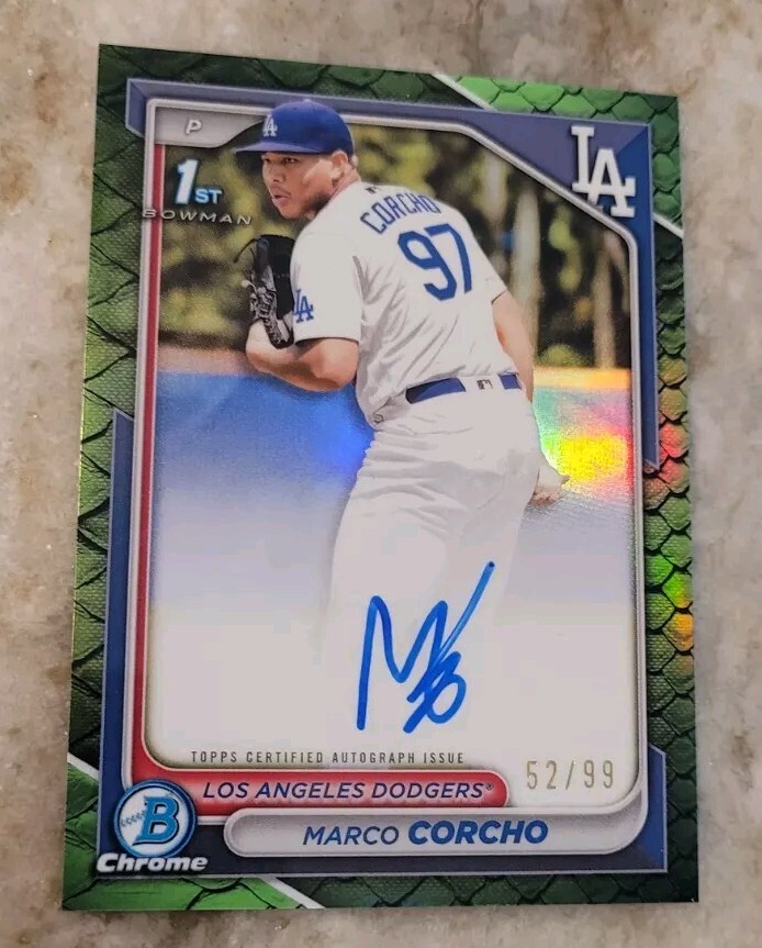 Marco Corcho 2024 1st Bowman Chrome Reptilian Auto /99 Dodgers Green Refractor