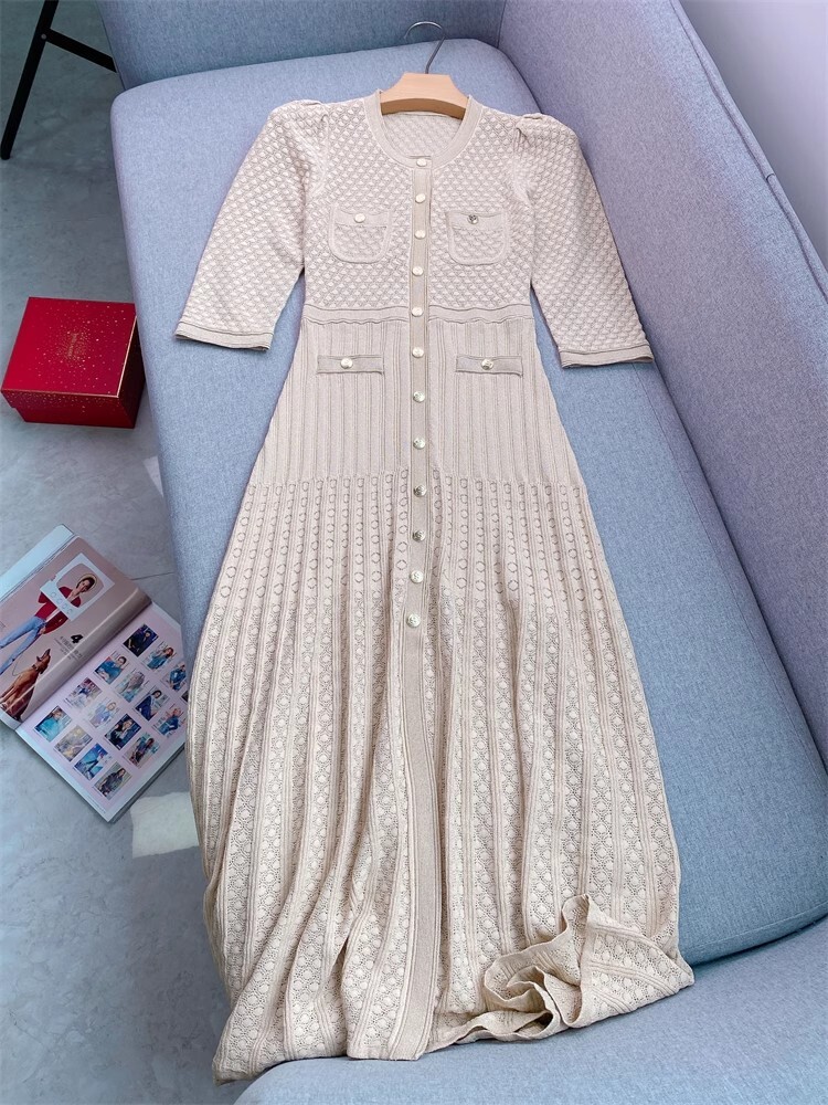 Women Sandro Round Neck Midi Dress 3/4 Sleeve Shirt Dress