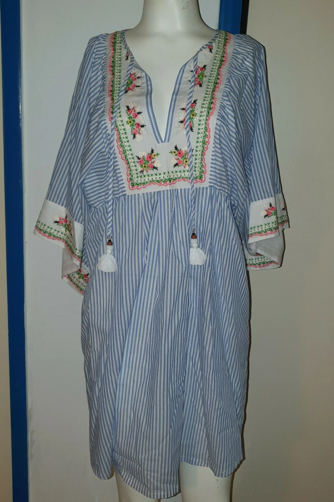 Tory Burch tunica da spiaggia ricamata M copricostume da bagno 6 8 spiaggia righe caftano nuova con etichette