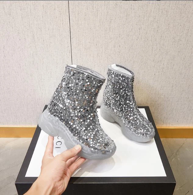 Mujer Plataforma Botines Invierno Moda Polar Lentejuelas Cremallera Trasera Zapatos 2025 Foto 2 de 4