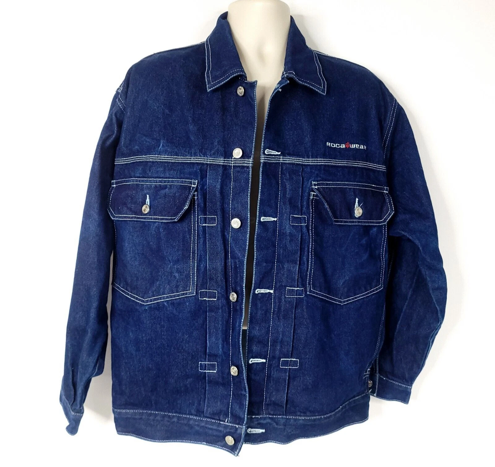 Vintage Rocawear Mens Denim Jacket Large Blue Pockets Oversized Jeans Dark Wash