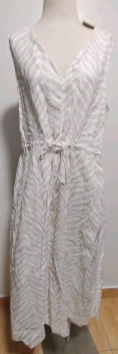 MAGASCHONI 100% Linen Sleeveless Maxi Dress White Beige Zebra Size L MAGASCHONI 100% Linen Sleeveless Maxi Dress White Beige Zebra Size L