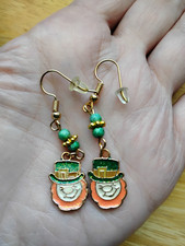Leprechaun Earrings Enamel on Gold beaded charm Irish St Patrick's Day Celtic