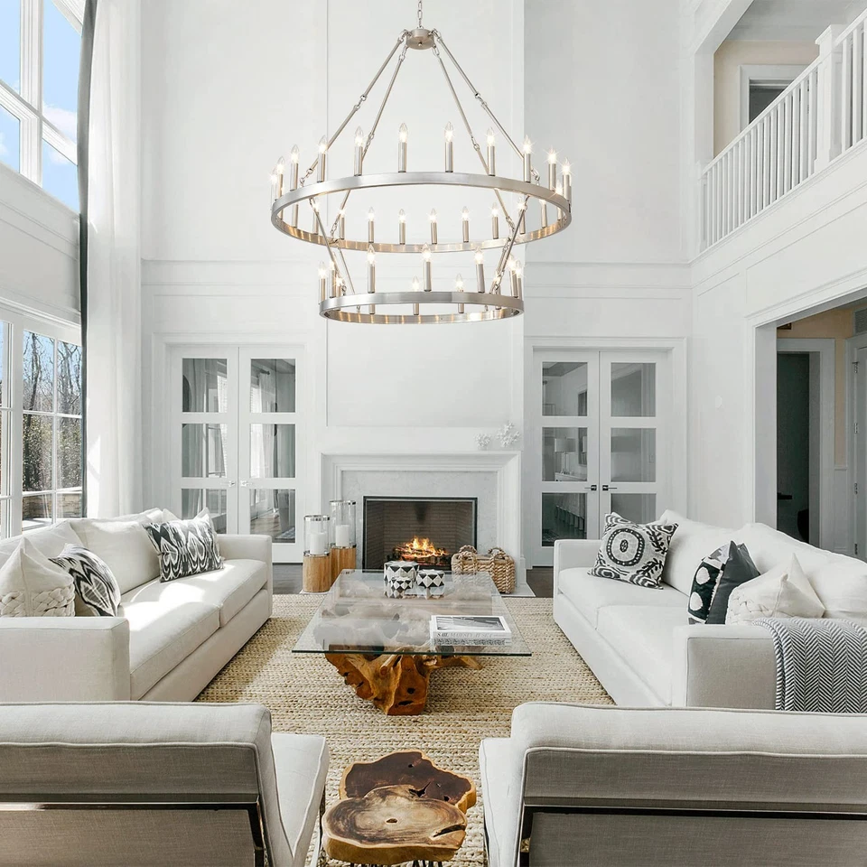 Lámpara de araña de rueda de vagón de 2 niveles 36 luces 48 pulgadas extra grande níquel redonda rústica... Foto 3 de 4