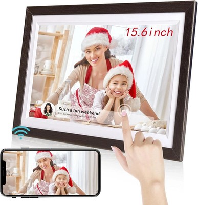 BYYBUO 15,6 Zoll WiFi Digitaler Bilderrahmen 1920x1080 FHD Groß Smart NUSSBAUM