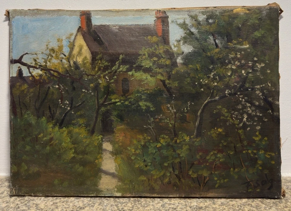 Huile sur toile étude jardin fleuri arbres en fleurs maison impressionniste XIXe - Photo 1/4
