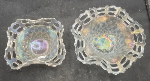 PAIR VINTAGE CARNIVAL FENTON WHITE OPEN EDGE HAT SHAPES SQUARE AND SIX RUFFLED