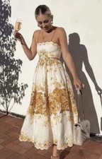 Zimmermann Aliane Scallop Linen Amber Floral Open Back Midi Dress-SZ 1/AUS10/US6