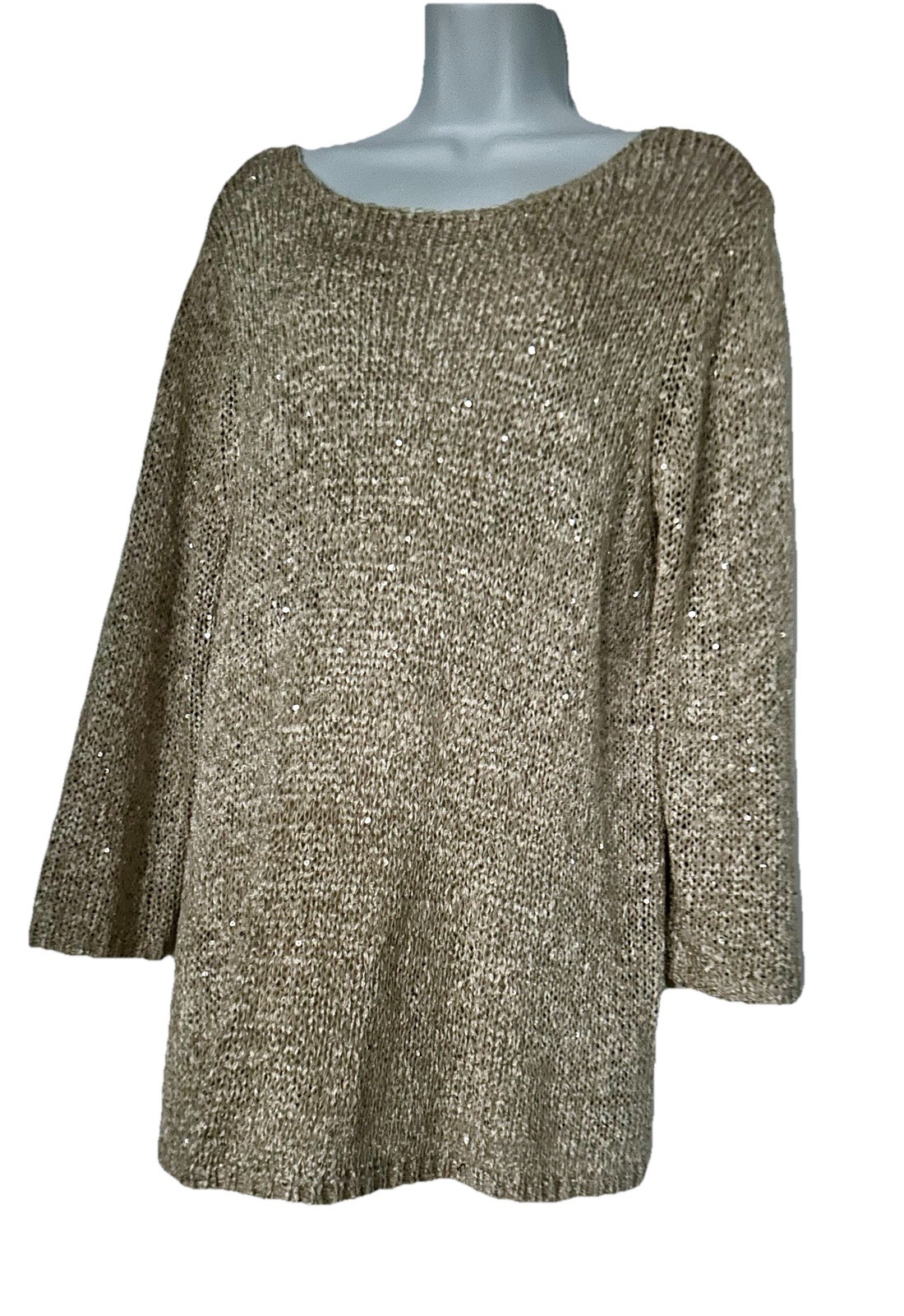 Chico’s Women’s Size 3 Gold Metallic Cold Shoulder 3/4 Sleeve Sweater