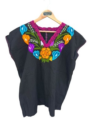 Authentic Mexican Floral Embroidered Black Multicolored Peasant V Neck Blouse 2X