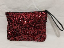 EUC Sequins Dazzling Glitter Bling Clutch Wrist Bag Makeup Bag Red (B)