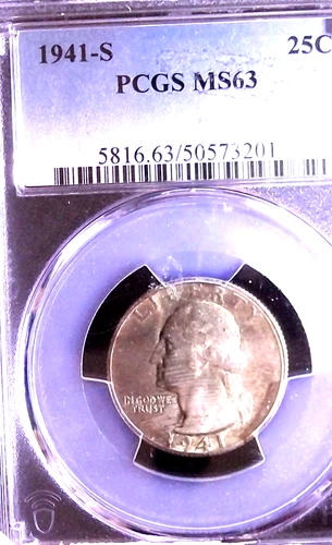 1941 -S WASHINGHTON SILVER  QUARTER PCGS MS 63
