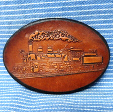 Railroad Locomotive Leather Belt Buckle Steam Engine Train Vintage 80s  .PCB938