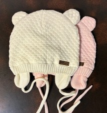 2 Baby Cute Bear Ear Flap Beanie Warm Pink/ Cream Color 7 Diameter