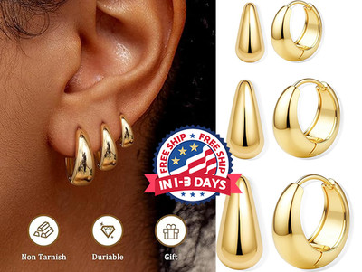 Juego de 3 pares de aretes de aro chapados en oro de 14 quilates para mujer