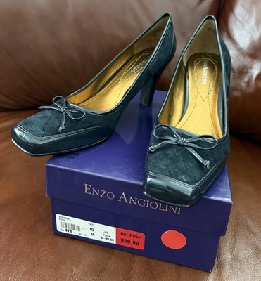 ENZO ANGIOLINI EA FLEXO Navy Blue Classic Suede Patent Leather Pumps Bow 10 NIB