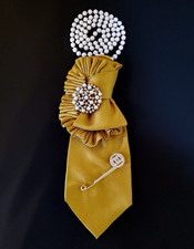 Women's Gold Satin Neck Tie Solid Formal w/ Pearl Rhinestone Beaded Brooch Pin