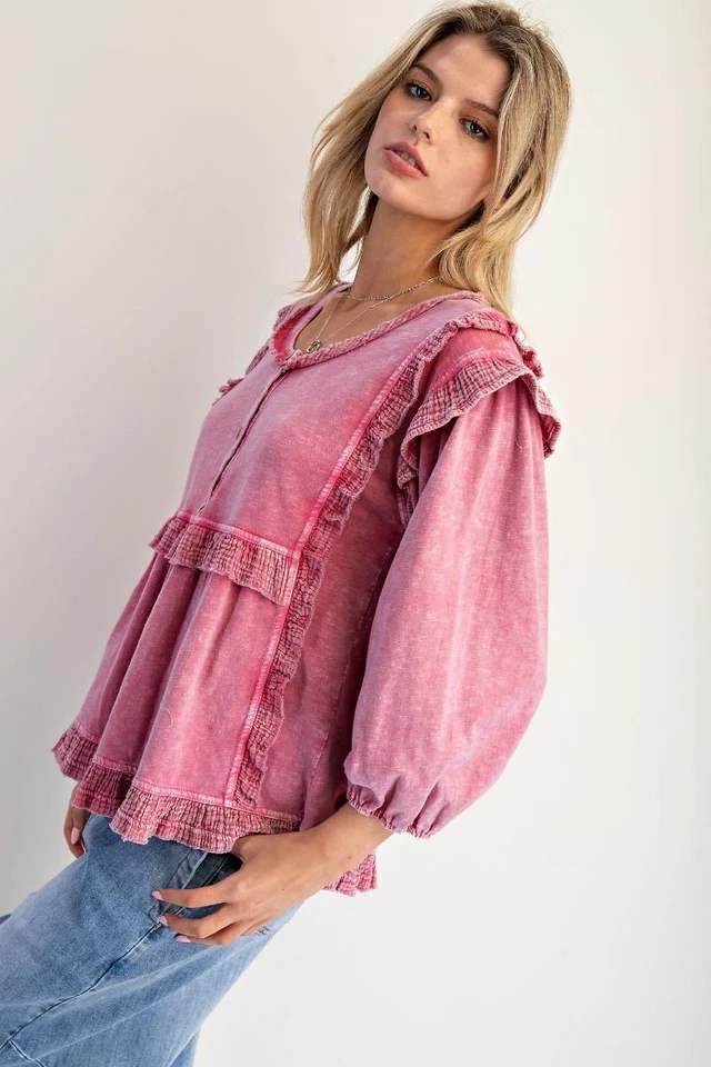 Top de manga 3/4 con ribete de volantes lavado mineral para mujer de Easel en rosa Foto 2 de 4