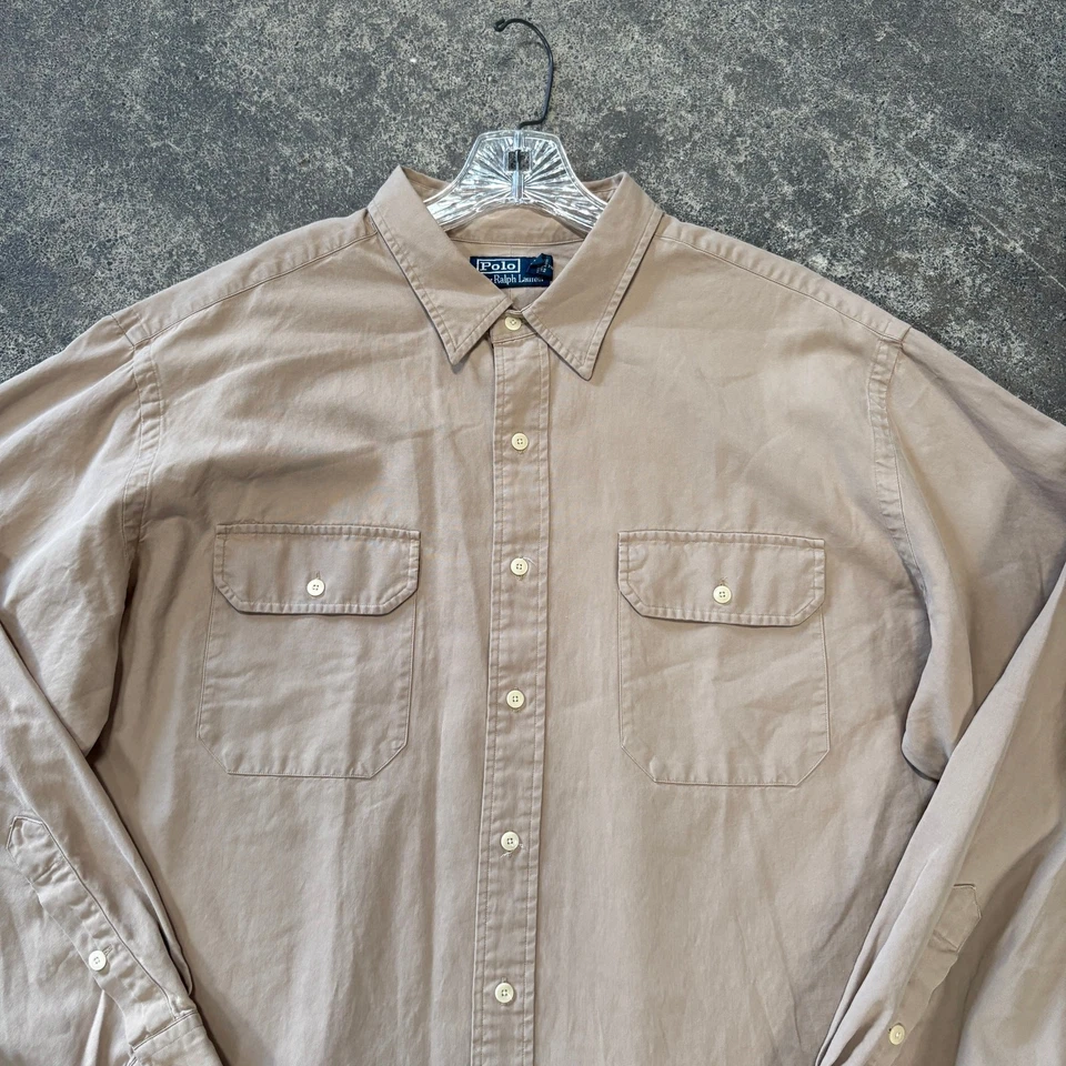 Vintage Polo Ralph Lauren Shirt Mens 2XL XXL Tan Beige Silk Button Up Y2K - Image 2 of 4