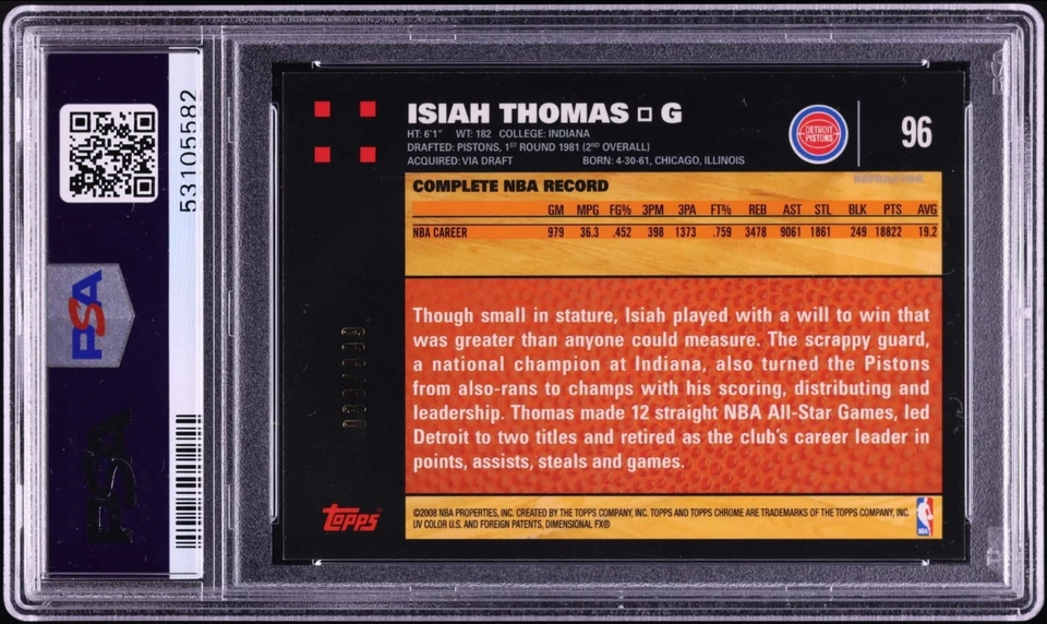 ISIAH THOMAS 2007-08 Topps Chrome 折射器 939/999 PSA 9 完好 — 第 2/2 张图片