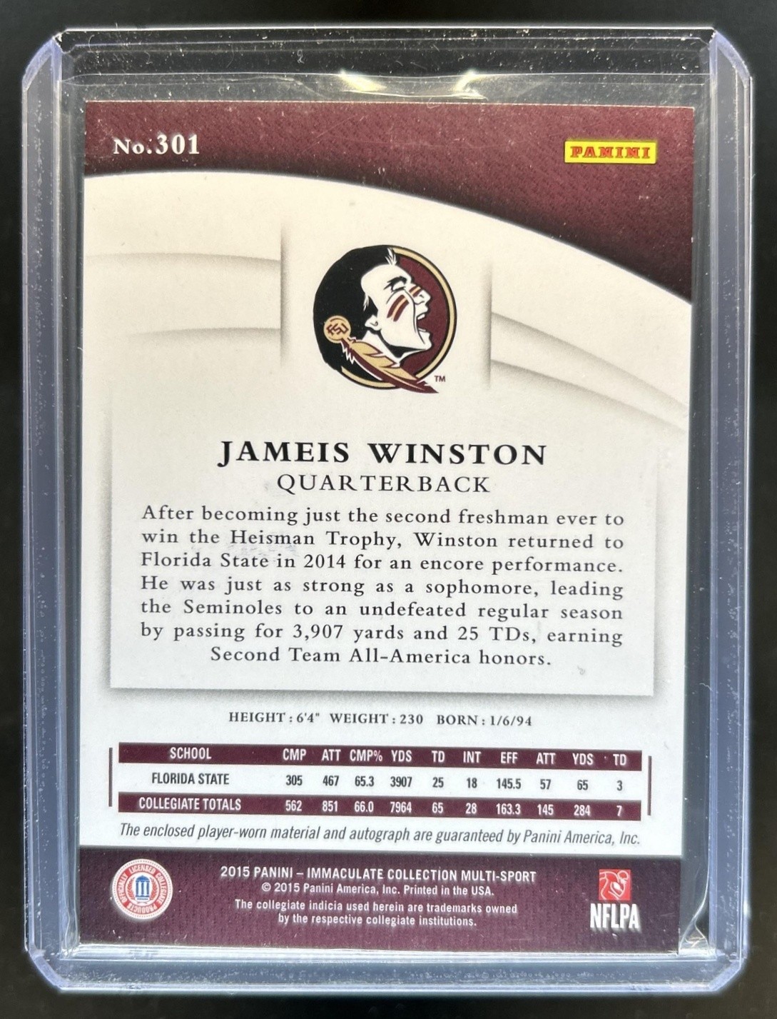 2015 Immaculate Collegiate Jameis Winston Rookie Patch Auto Autograph RC #/99 view 2