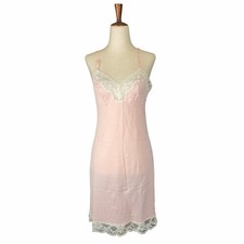 Vintage 80's Vanity Fair Pink Blush Slip Dress White Lace Detail - Small