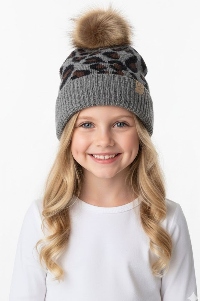 C.C Kids Winter Warm Stretch Leopard Pattern Knit Beanie with Pom 2-7 Years