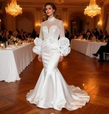 White Mermaid Wedding Dresses Hand Made Flowers Long Sleeves Beaded Jewel neck