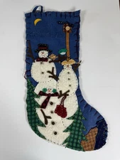 Vintage Blue Primitive Penny Felt Applique Christmas Stocking Snowman