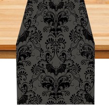 Black Damask Table Runner, Bats Skull Gothic Antique Victorian Black Floral B...